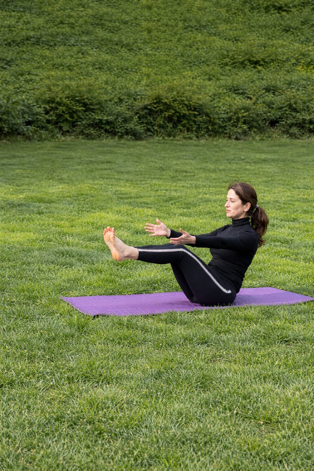 Azadeh — boat pose on the grass