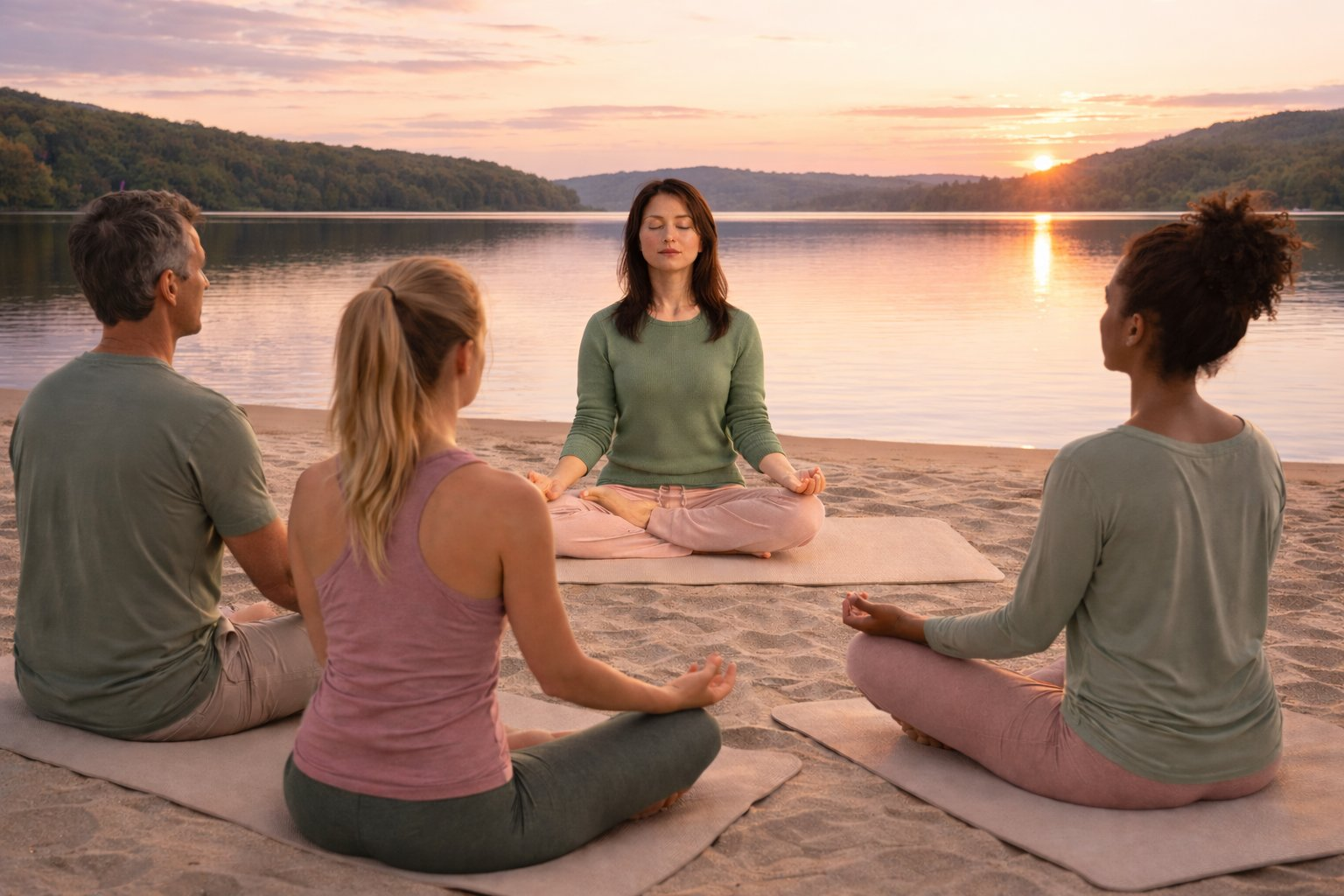 Group meditation at sunset lake