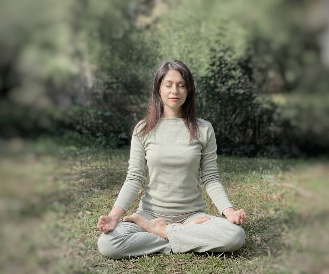 Azadeh meditating on the grass
